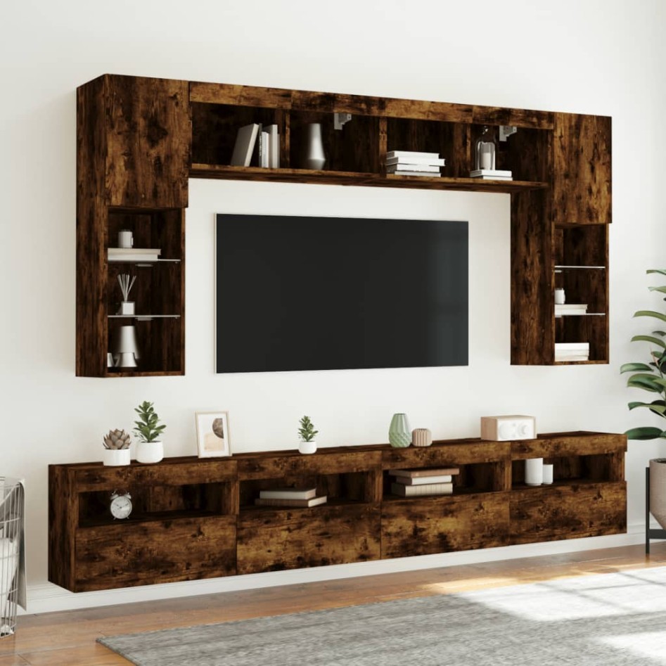 Mueble de TV de pared con luces LED roble ahumado 60x30x40