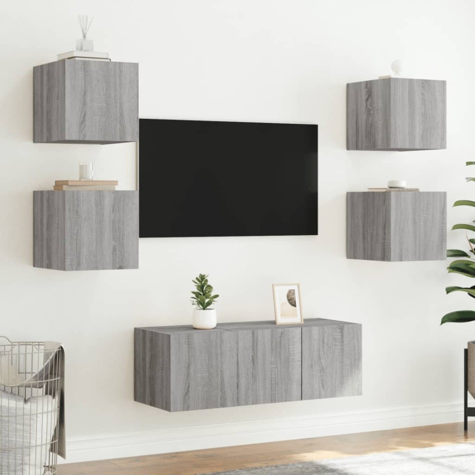 Muebles TV pared con luces LED 2 uds gris Sonoma 30,5x35x30
