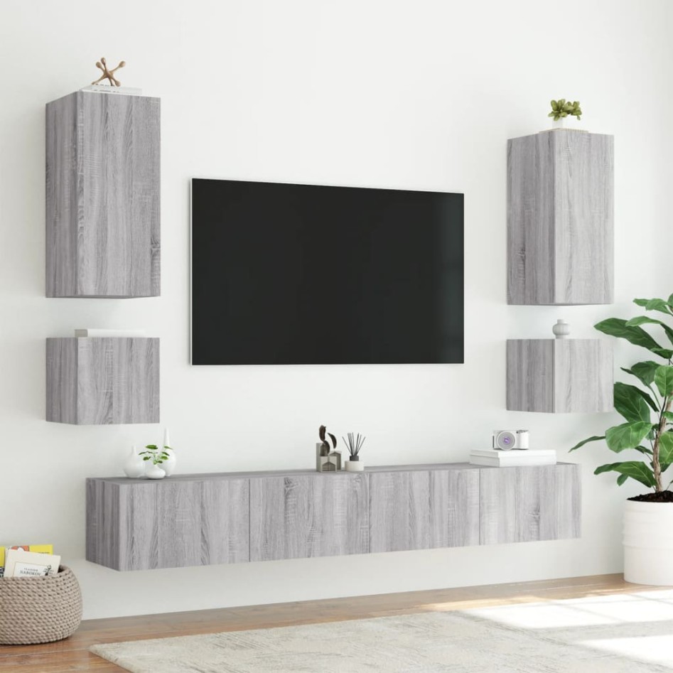 Muebles TV de pared luces LED 2 uds gris Sonoma 40,5x35x40