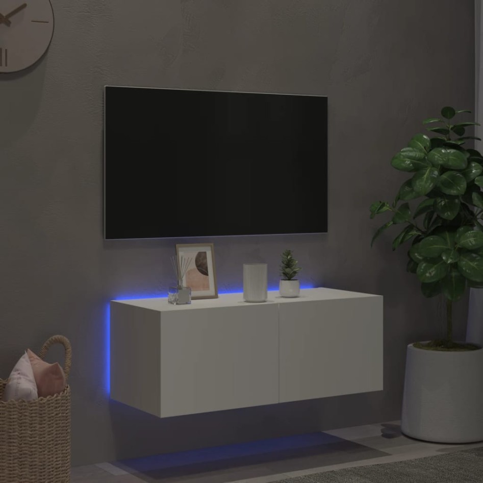 Mueble de TV de pared con luces LED blanco 80x35x31