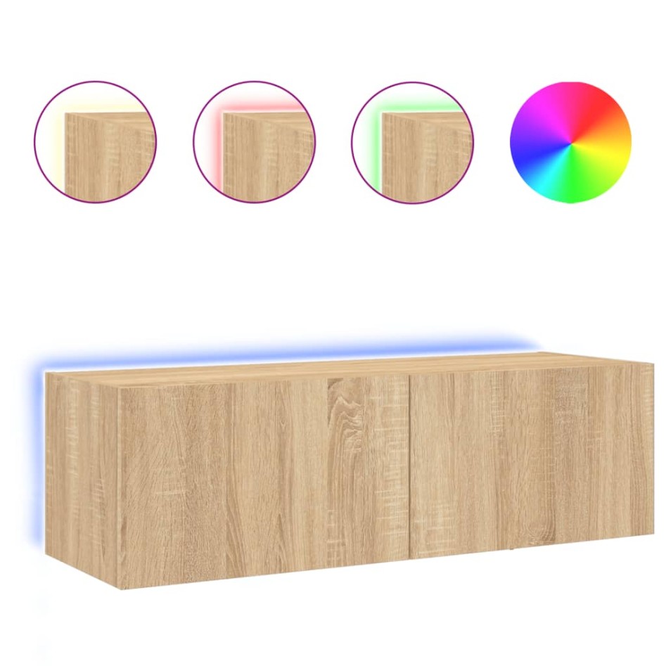 Mueble de TV de pared con luces LED roble Sonoma 100x35x31
