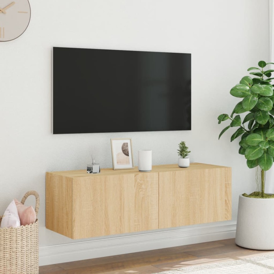 Mueble de TV de pared con luces LED roble Sonoma 100x35x31