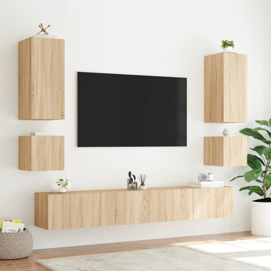 Mueble de TV de pared con luces LED roble Sonoma 100x35x31