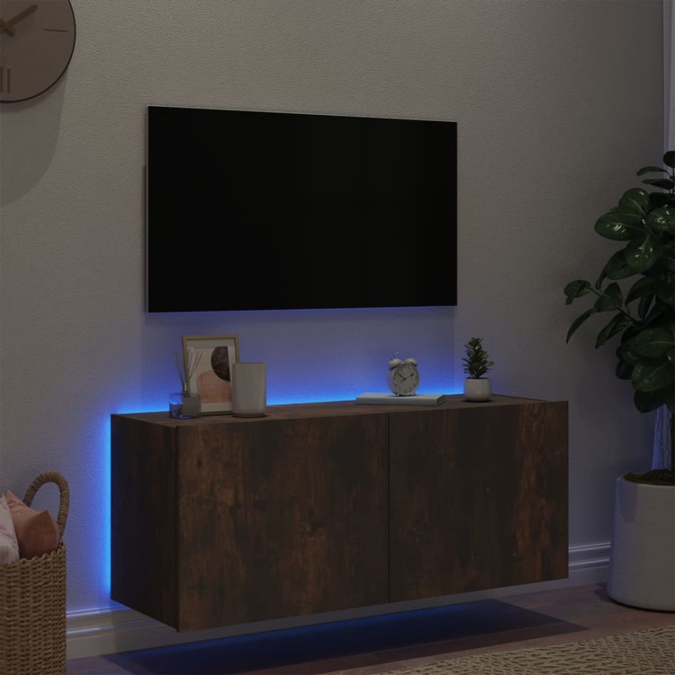 Mueble de TV de pared con luces LED roble ahumado 100x35x41