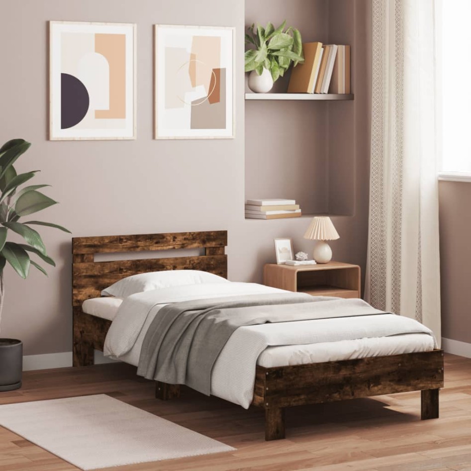 Cama con cabecero madera de ingeniería roble ahumado 90x190