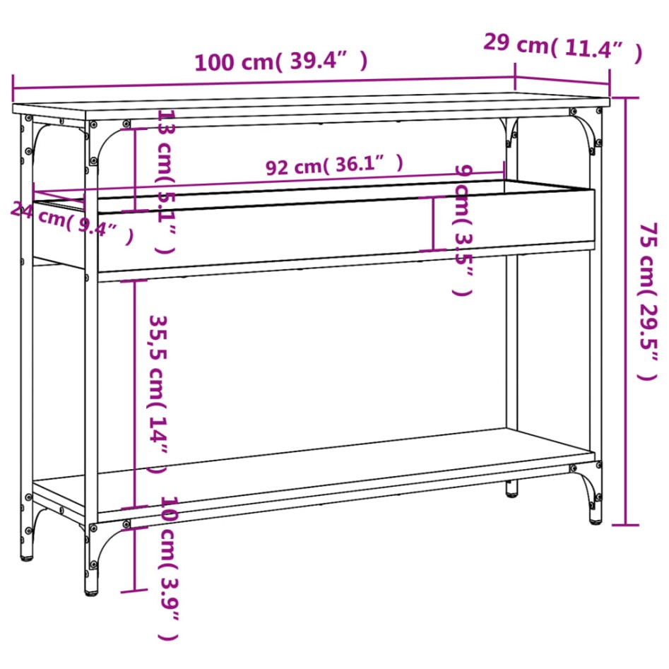 Mesa consola estante madera ingeniería roble humo 100x29x75