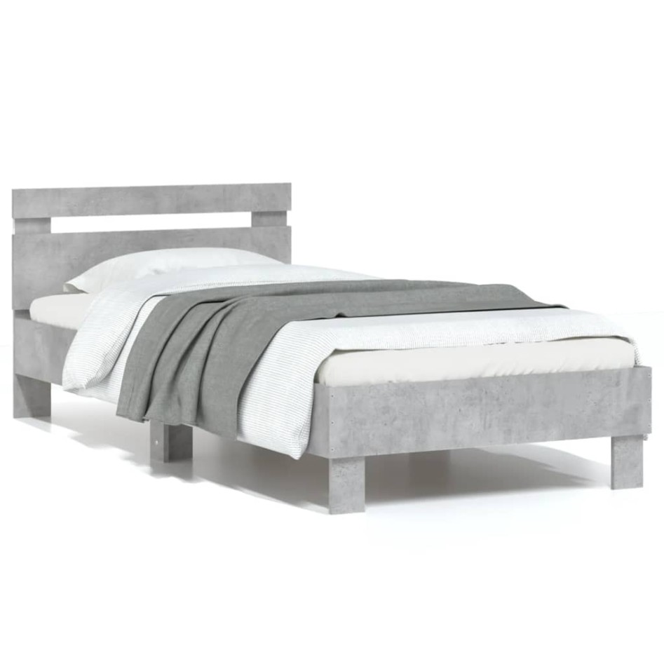 Estructura de cama cabecero luces LED gris hormigón 75x190