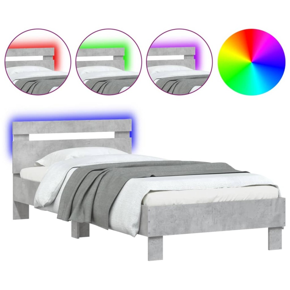 Estructura de cama cabecero luces LED gris hormigón 75x190