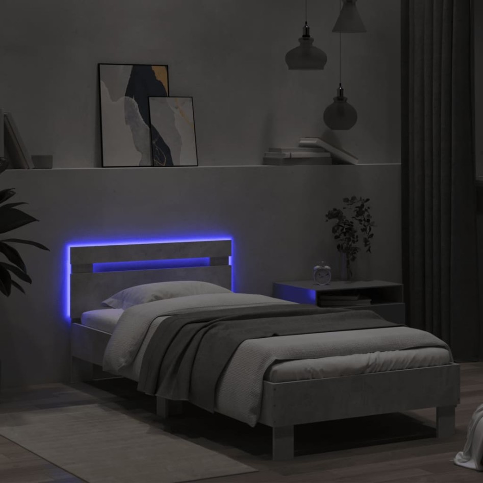 Estructura de cama cabecero luces LED gris hormigón 75x190