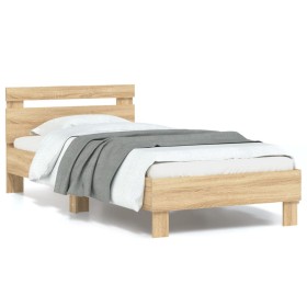 Estructura de cama cabecero luces LED roble Sonoma 90x190