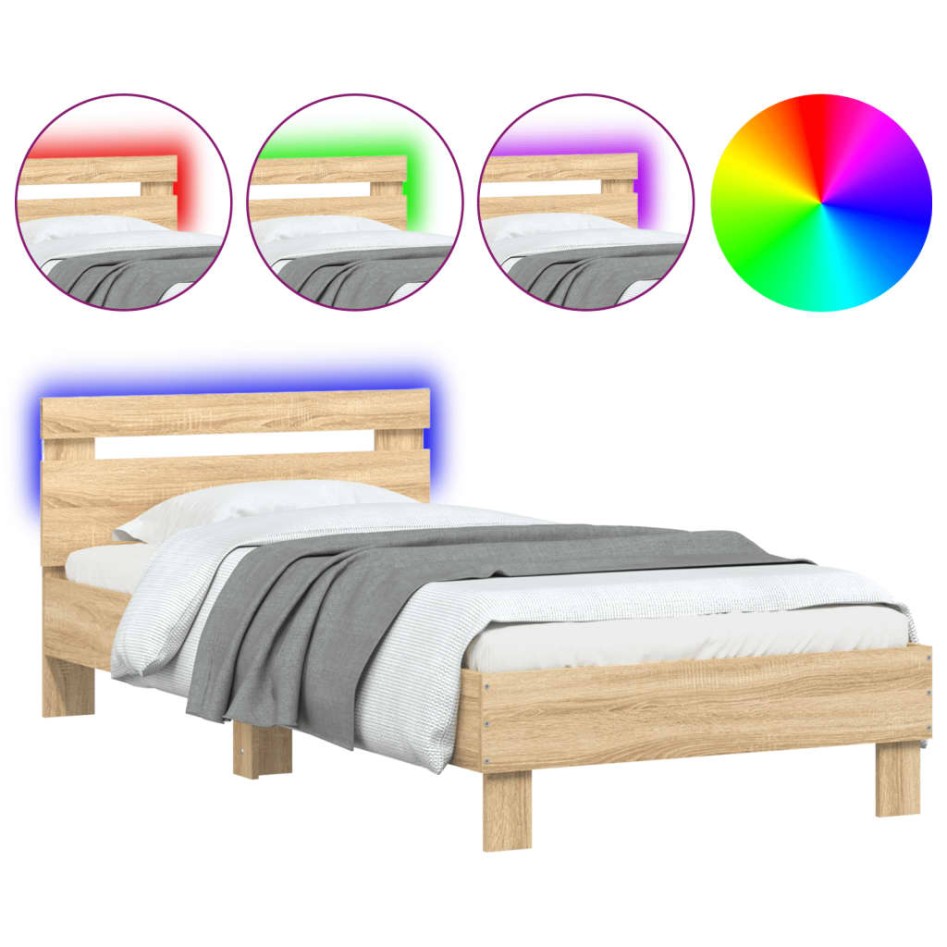 Estructura de cama cabecero luces LED roble Sonoma 90x190