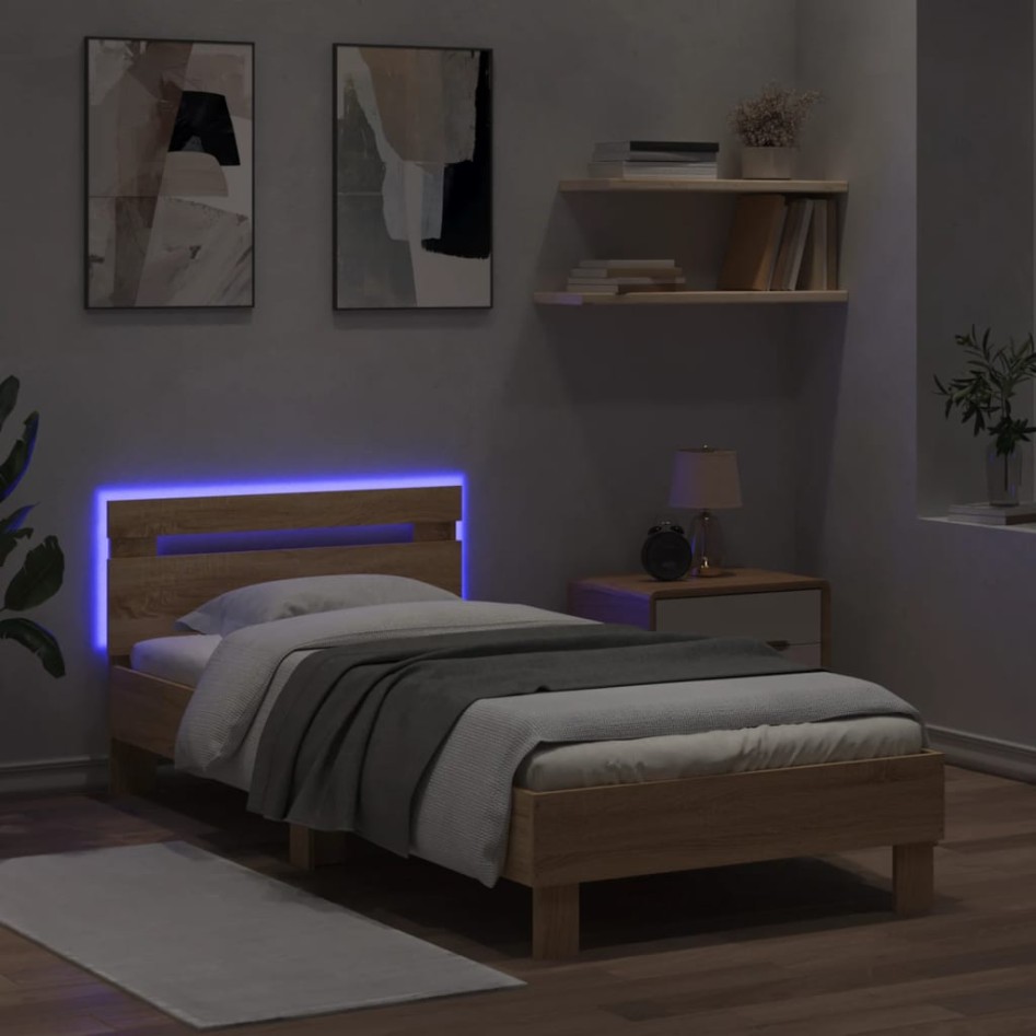 Estructura de cama cabecero luces LED roble Sonoma 90x190