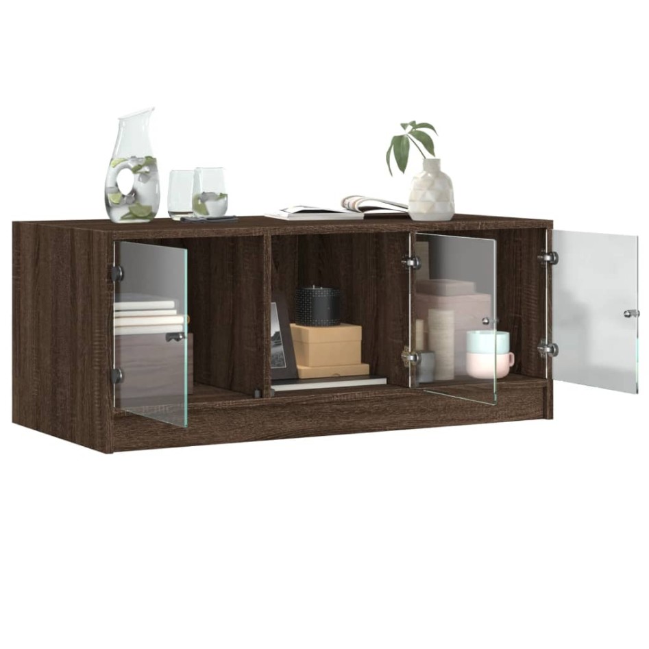 Mesa de centro con puertas de vidrio marrón roble 102x50x42