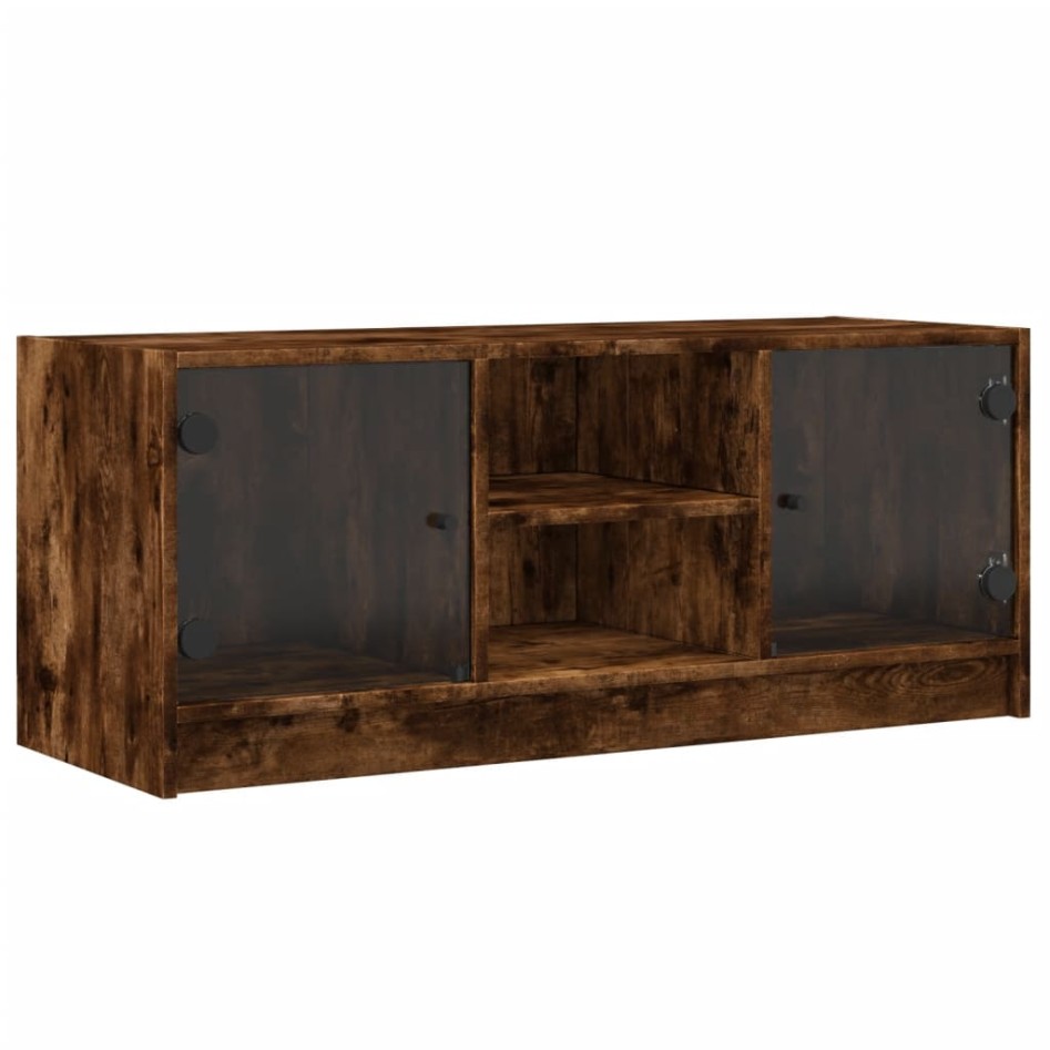 Mueble de TV con puertas de vidrio roble ahumado 102x37x42