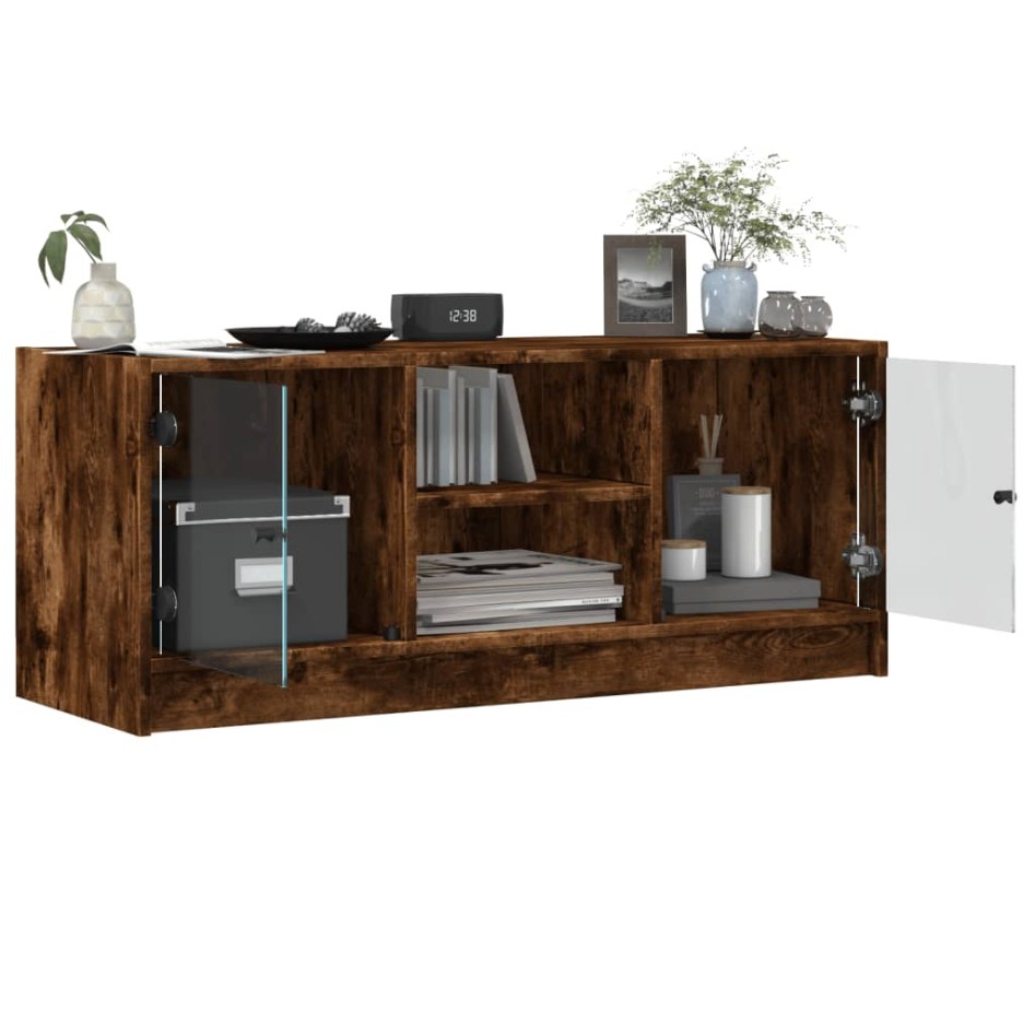 Mueble de TV con puertas de vidrio roble ahumado 102x37x42