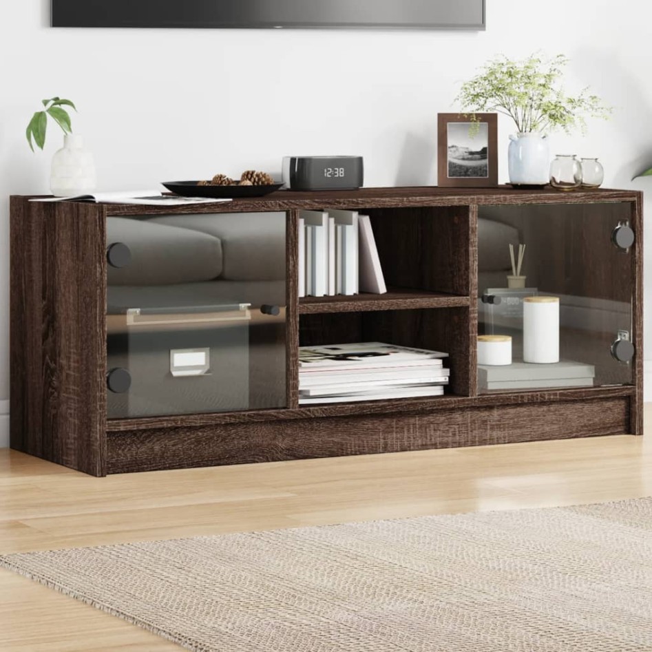 Mueble de TV con puertas de vidrio marrón roble 102x37x42