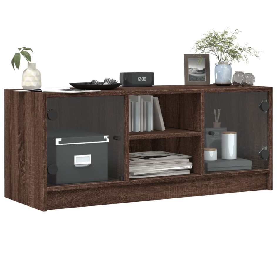 Mueble de TV con puertas de vidrio marrón roble 102x37x42