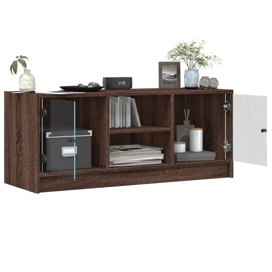 Mueble de TV con puertas de vidrio marrón roble 102x37x42