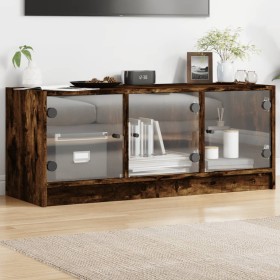 Mueble de TV con puertas de vidrio roble ahumado 102x37x42