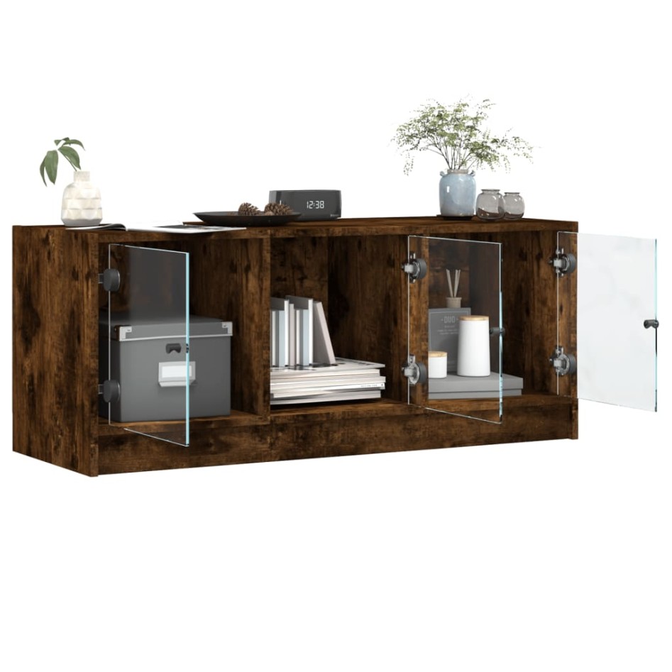 Mueble de TV con puertas de vidrio roble ahumado 102x37x42
