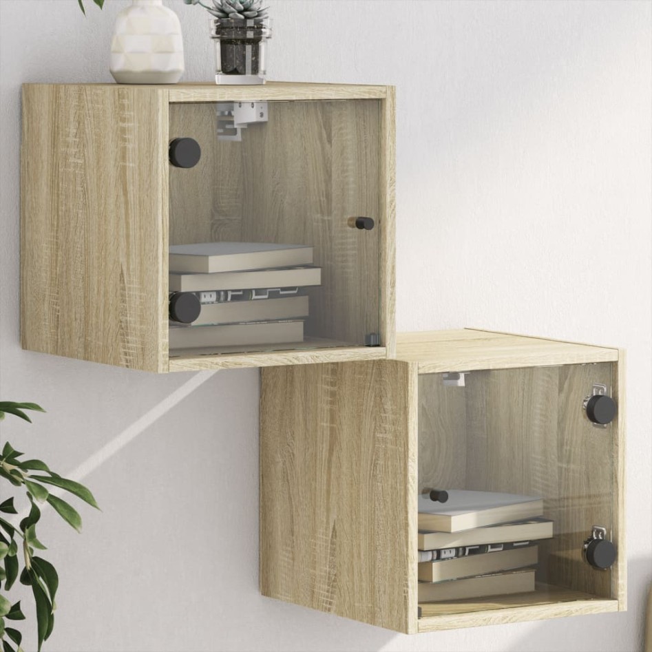 Mesitas noche con puertas vidrio 2 uds roble Sonoma 35x37x35