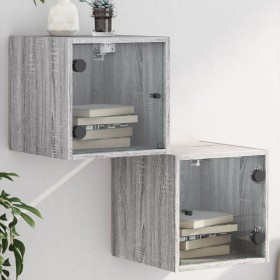 Mesitas noche con puertas vidrio 2 uds gris Sonoma 35x37x35