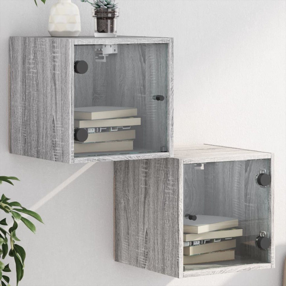 Mesitas noche con puertas vidrio 2 uds gris Sonoma 35x37x35
