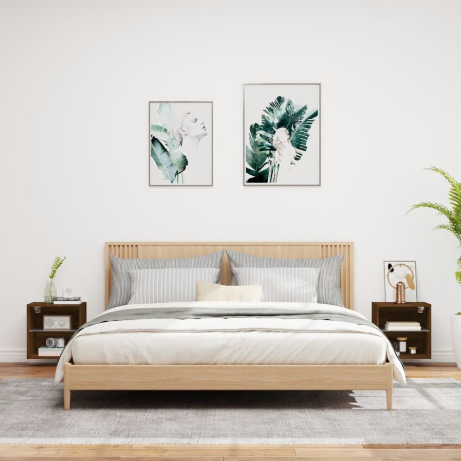 Mesitas de noche de pared con luces LED 2 unidades roble