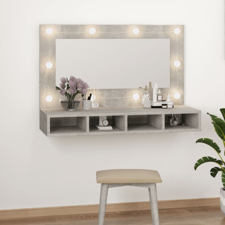 Mueble con espejo y luces LED gris hormigón 90x31,5x62