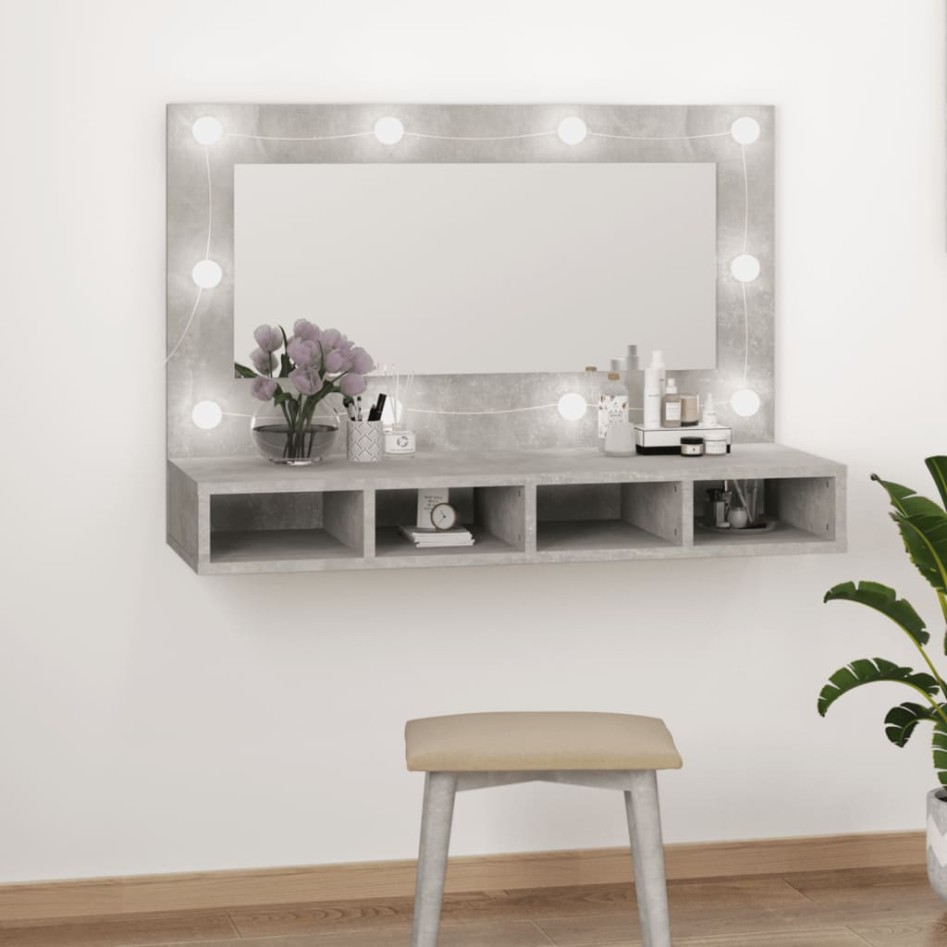 Mueble con espejo y luces LED gris hormigón 90x31,5x62