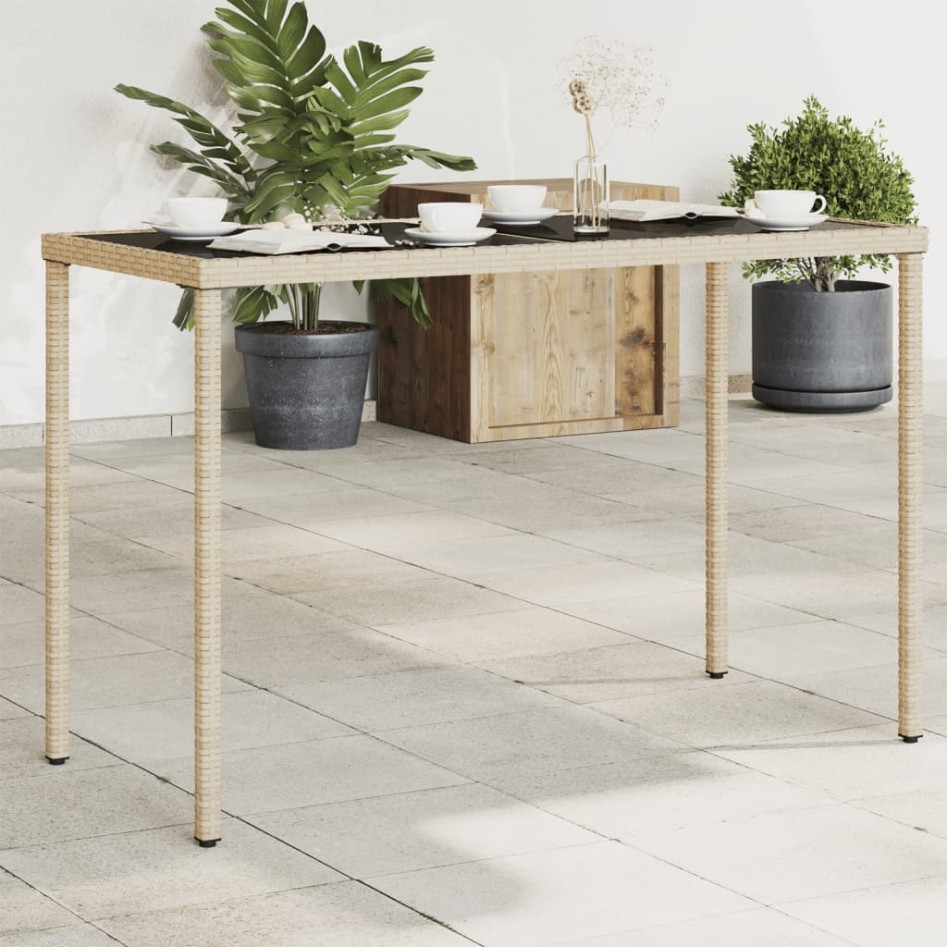 Mesa de jardín superficie de vidrio ratán PE beige 115x54x74