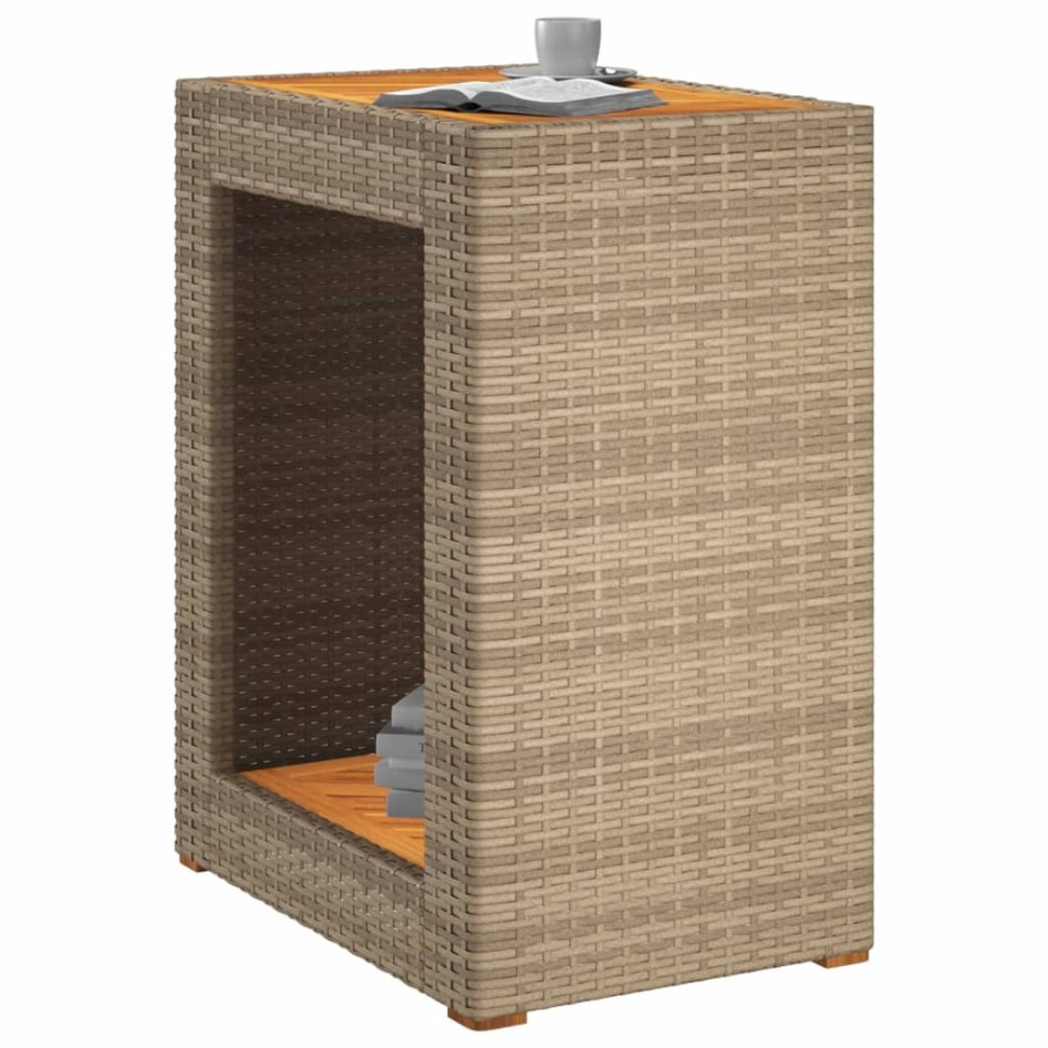 Mesa auxiliar jardín tapa madera ratán PE beige 60x40x75