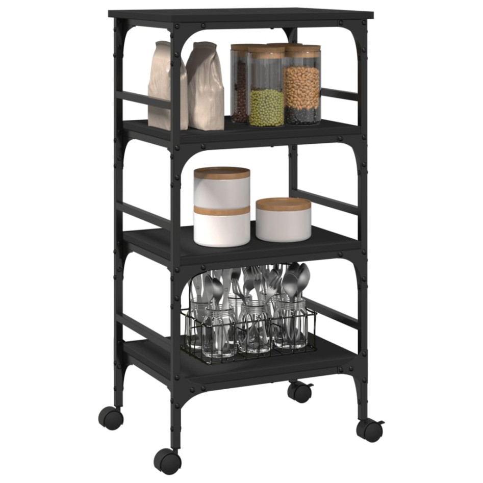 Carrito de cocina de madera de ingeniería negro 45x35x89,5
