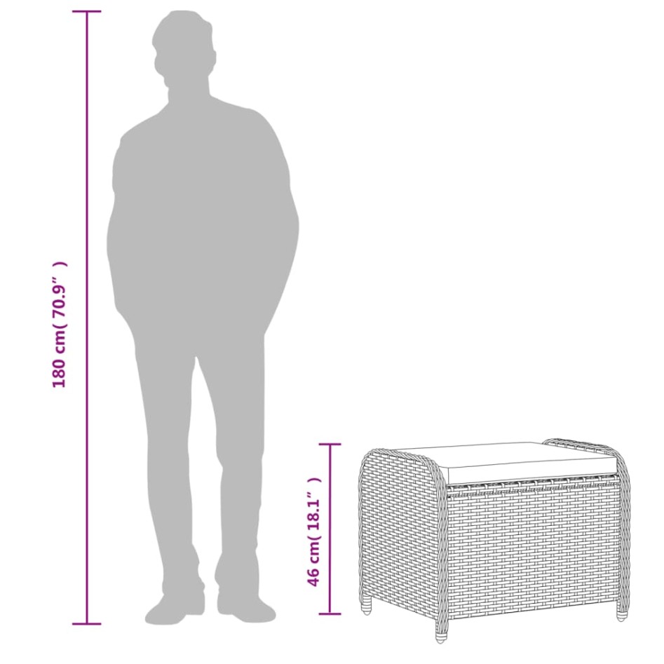 Taburete de jardín con cojín ratán sintético negro 58x46x46