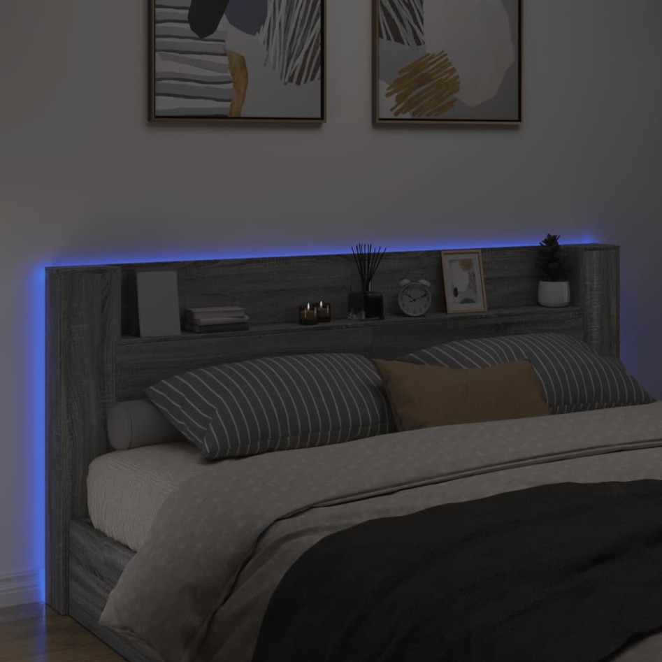 Cabecero de cama con luz LED gris Sonoma 220x16,5x103,5