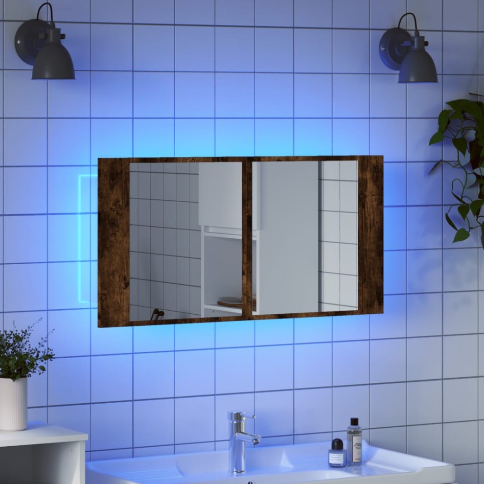 Armario espejo de baño LED acrílico roble ahumado 90x12x45