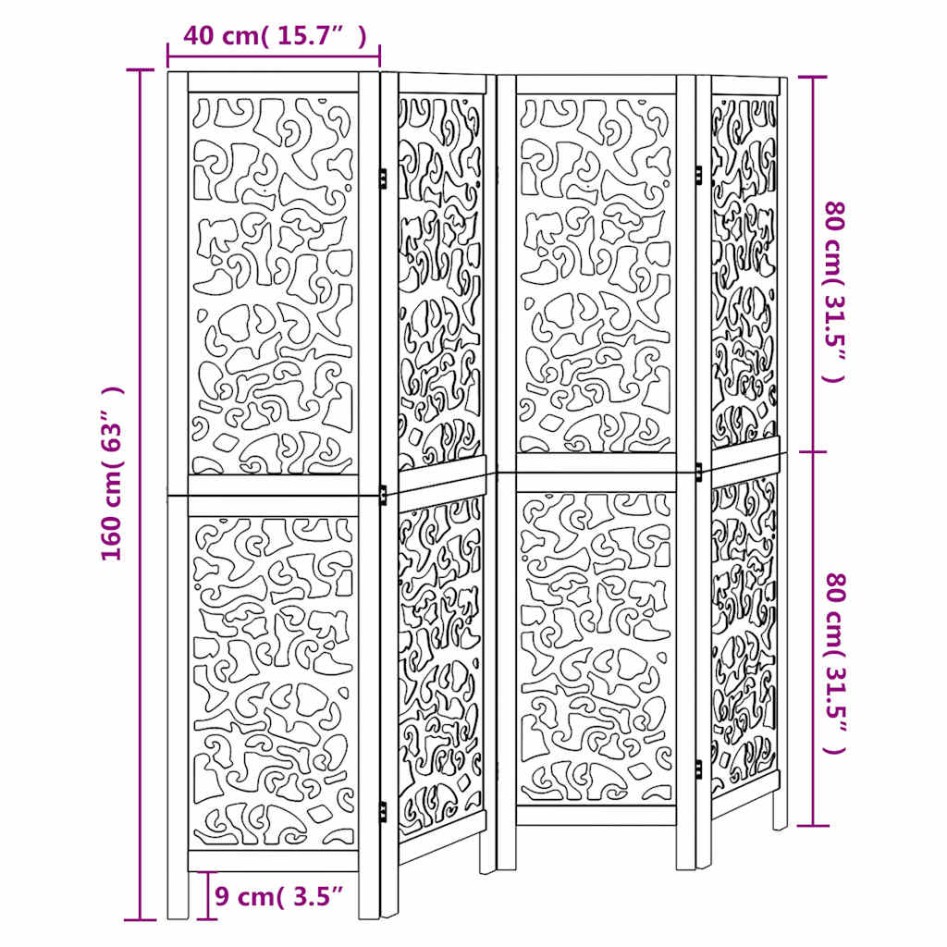 Biombo separador de 4 paneles madera maciza Paulownia