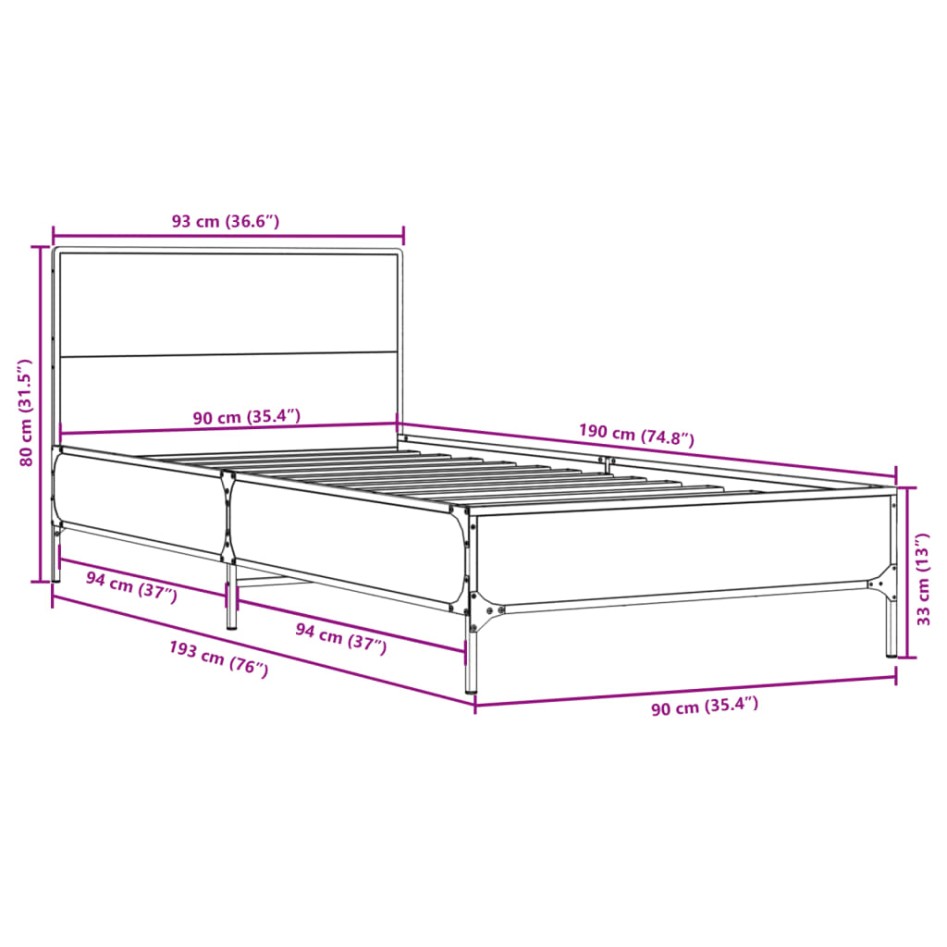 Estructura cama madera ingeniería metal roble Sonoma 90x190