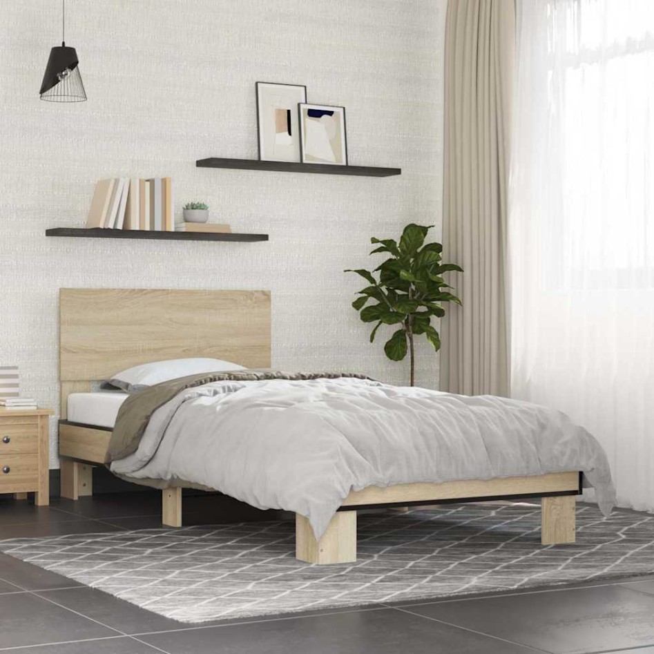 Estructura cama madera ingeniería metal roble Sonoma 75x190