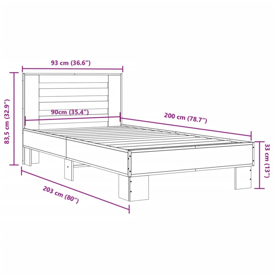 Estructura de cama madera de ingeniería y metal negro 90x200