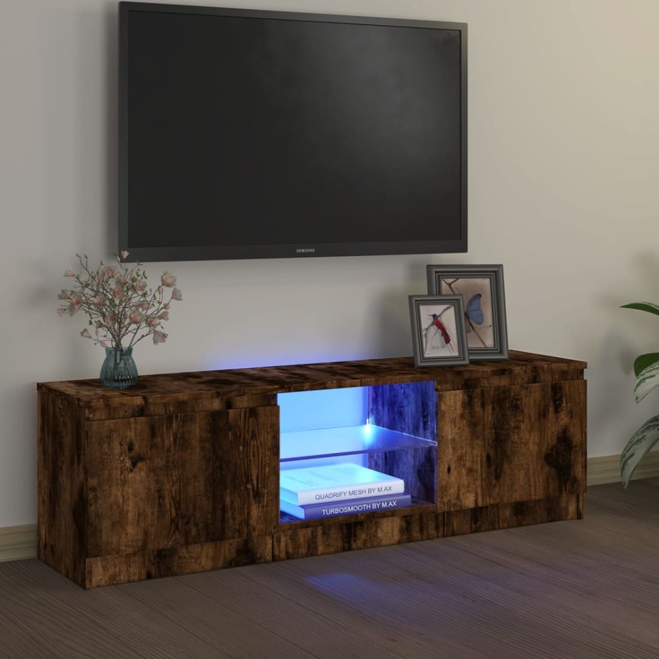 Mueble de TV con luces LED roble ahumado 120x30x35,5