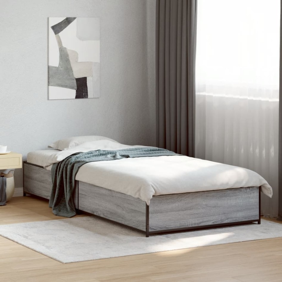 Estructura cama madera ingeniería metal gris Sonoma 90x200