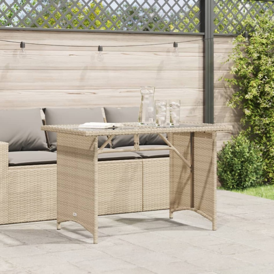 Mesa de jardín superficie de vidrio ratán PE beige 110x68x70