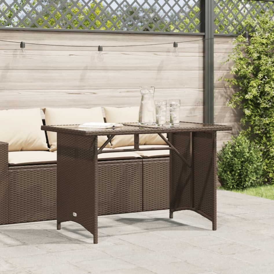 Mesa de jardín superficie vidrio ratán PE marrón 110x68x70