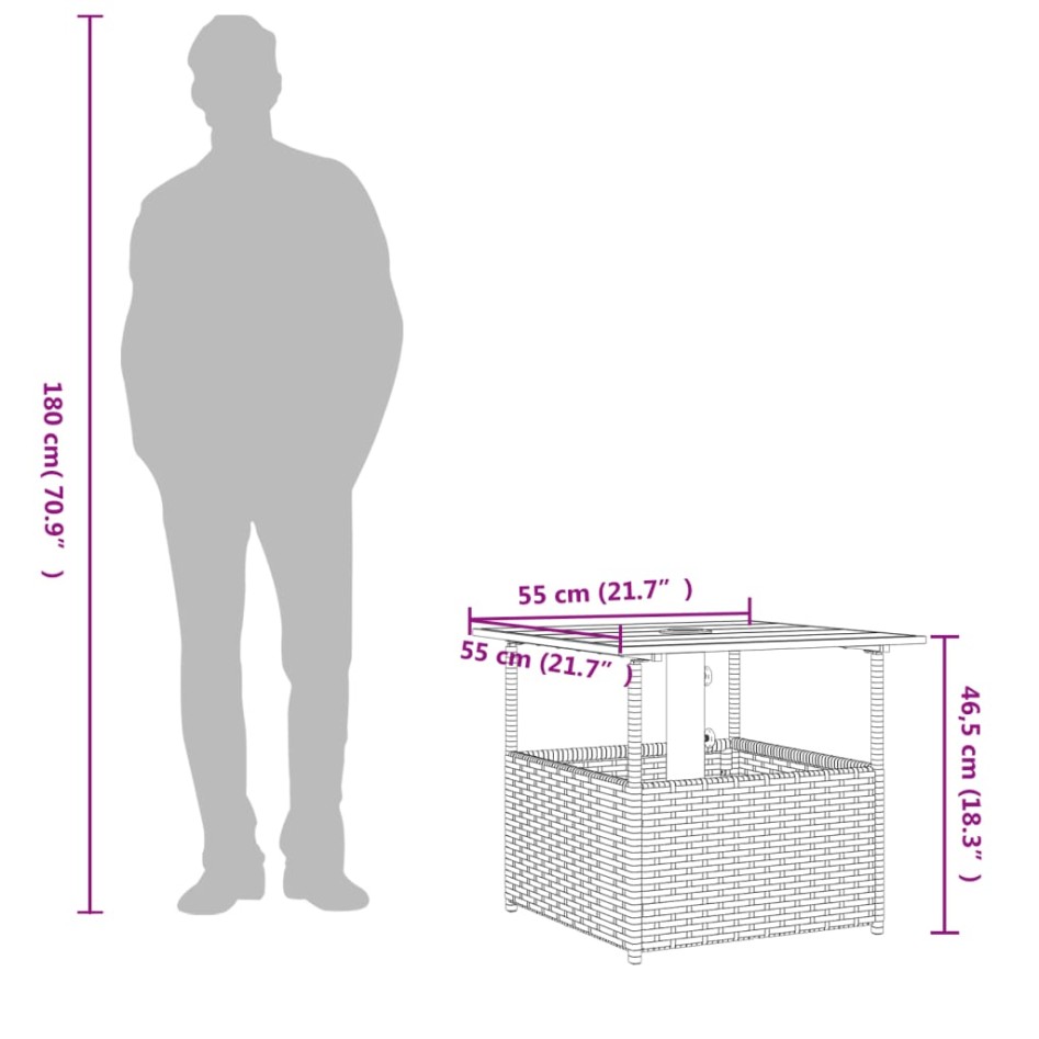 Mesa de jardín agujero de sombrilla ratán negro 55x55x46,5