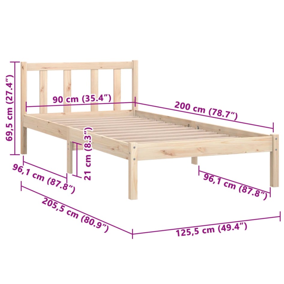 Estructura de cama sin colchón madera maciza 90x200