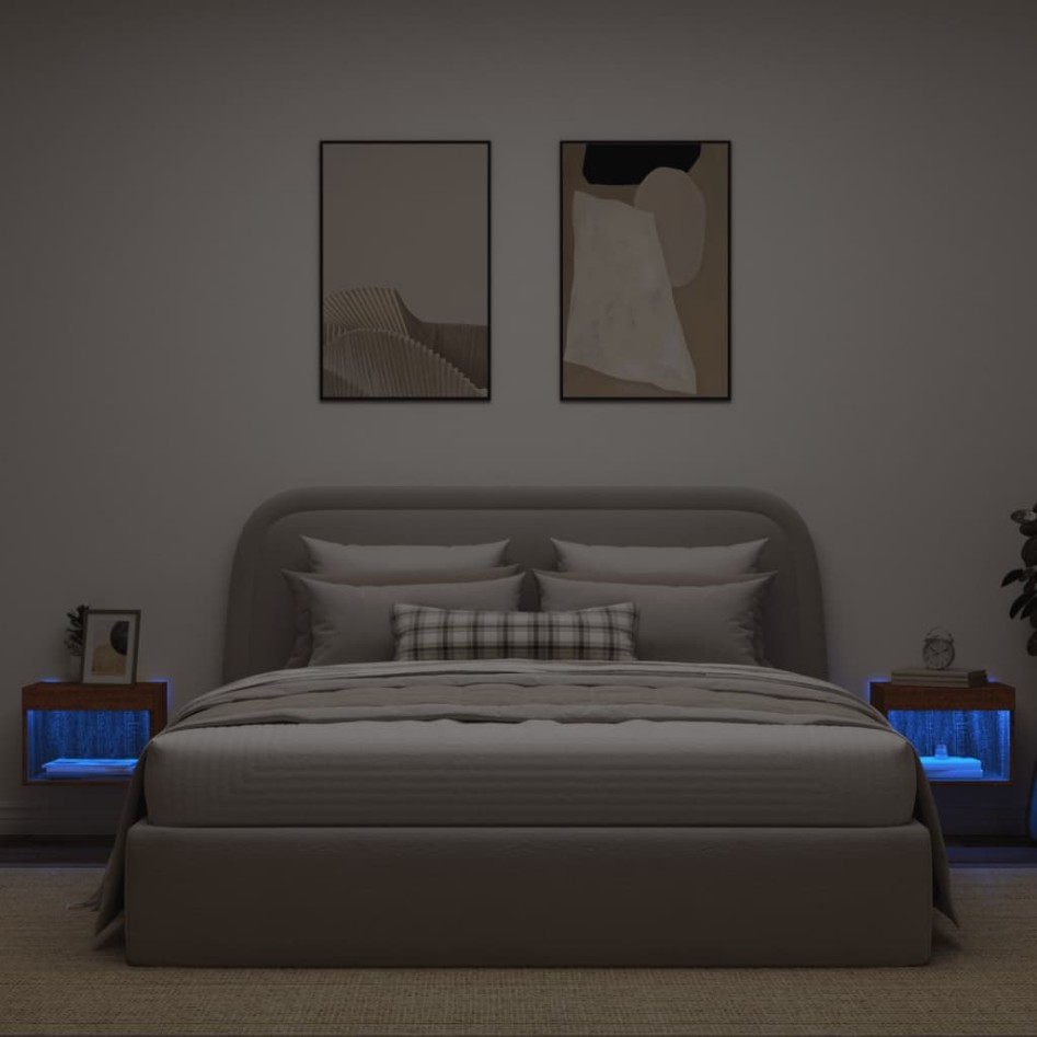 Mesitas de noche de pared con luces LED 2 unidades roble