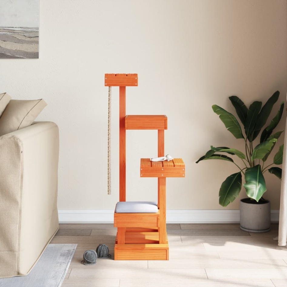 Árbol para gatos madera maciza pino marrón cera 45,5x49x103