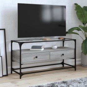 Mueble TV cristal y madera ingeniería gris Sonoma 98x35x51