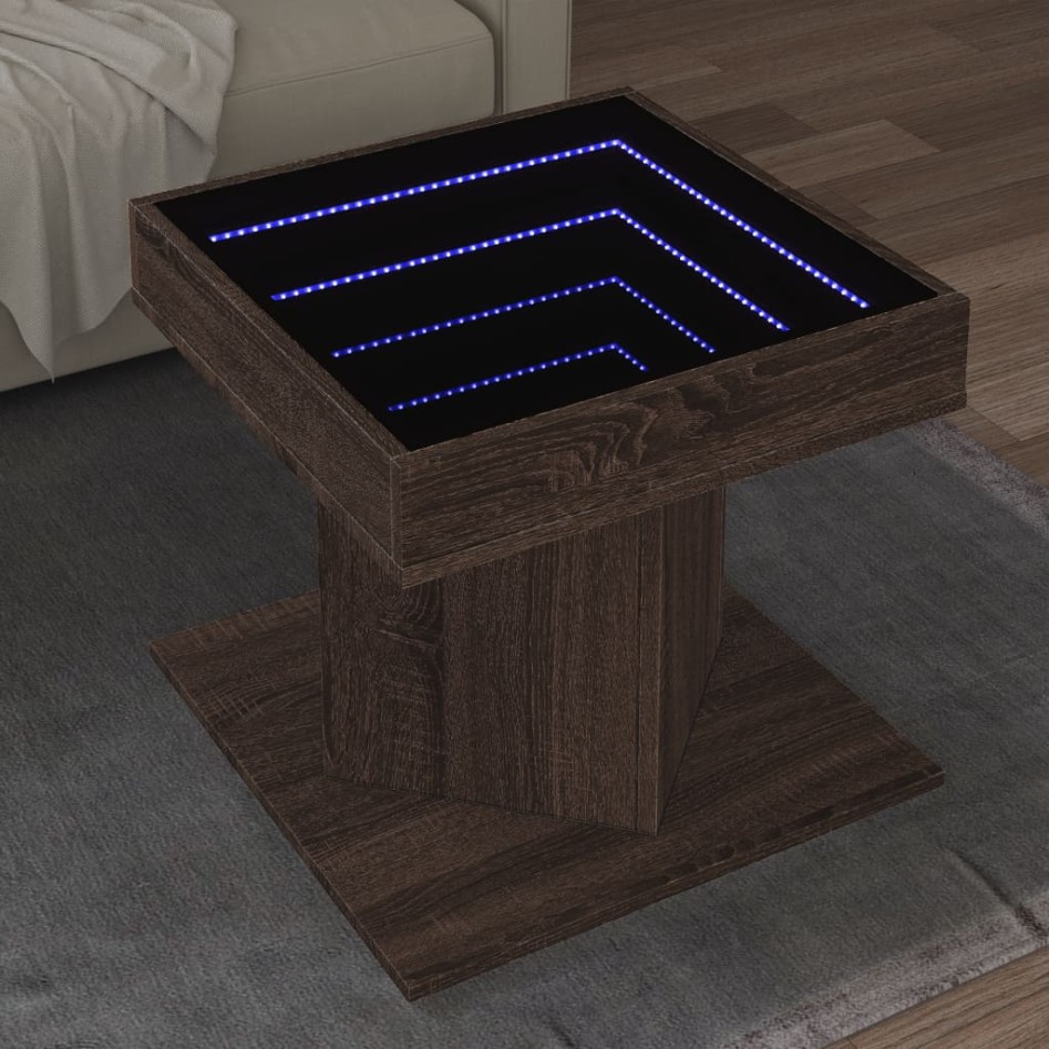 Mesa de centro y LED madera ingeniería marrón roble 50x50x45